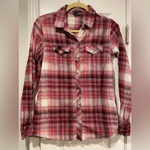 Eddie Bauer Size S Pink Burgundy Cream Plaid Cotton Flannel Button Down Shirt